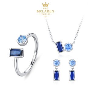 Elegant Sapphire Jewelry Set in S925 Sterling Silver – Necklace & Stud Earrings