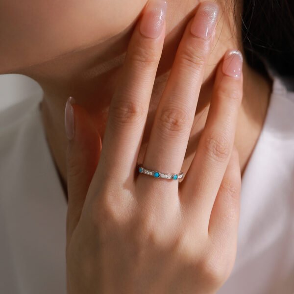 Turquoise & CZ Row Ring in S925 Sterling Silver – Stackable, Bold & Feminine - Image 4