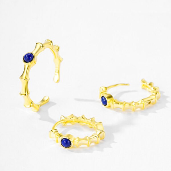 S925 sterling silver new style plain lapis lazuli bamboo open ring national fashion festival high-rise retro gold index finger ring - Image 4