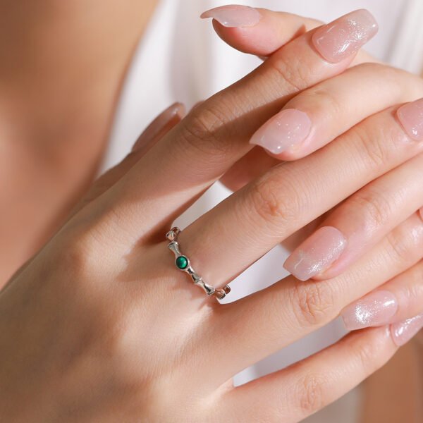 High-rise S925 sterling silver new Chinese style malachite bamboo open ring Women's retro commuter design index finger ring - Image 2